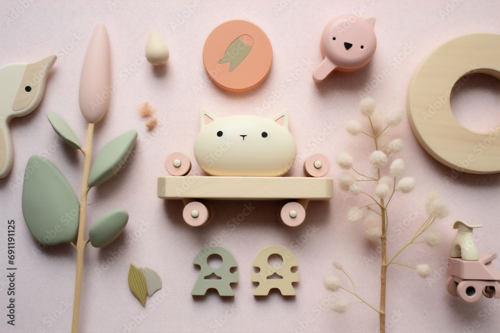 Cute cats, shapes and fake flowers a children's toy for playing . Brain and skill developing. Pink background. Cute cats, shapes and fake flowers a children's toy for playing . Brain and skill developing. Pink background.