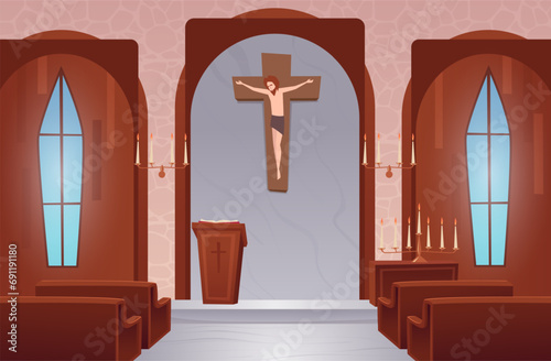 Church background. Religion concept church interior Vector cartoon template