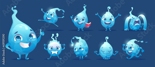 Water drops. Cute emotional characters water mascots exact vector cartoon illustrations set