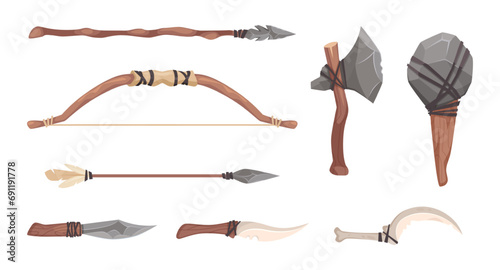 Prehistoric weapon. Wooden and stone tools for primitive cave people exact vector cartoon illustrations