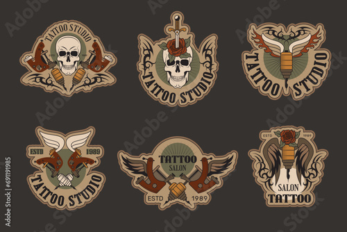Tattoo badges. Art symbols for tattoo salon logo with place for text recent vector templates set