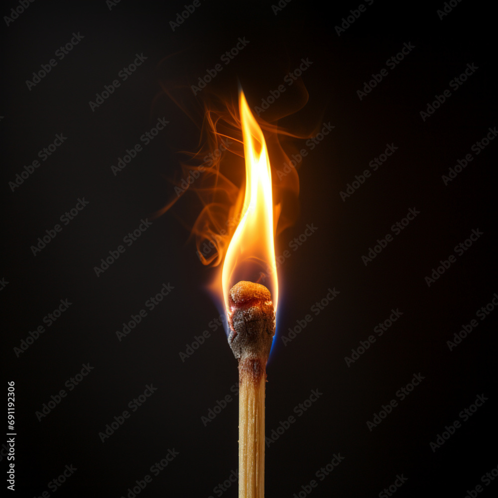 Fotografia en primer plano con detalle de llama de cerilla sobre fondo de color negro