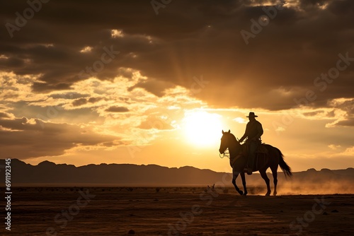 silhouette of a man cowboy riding a horse in the middle of the desert  © DailyLifeImages