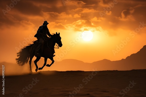 silhouette of a man cowboy riding a horse in the middle of the desert 