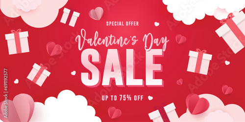 Vector valentines day upto discount sale banner with romantic composition hearts and gifts on red