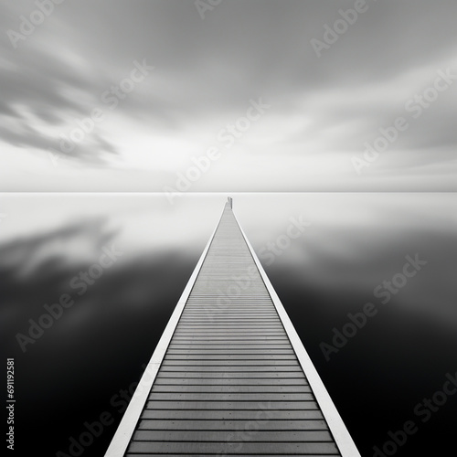 Fotografia con blanco y negro con detalle de pasarela de madera sobre aguas tranquilas photo