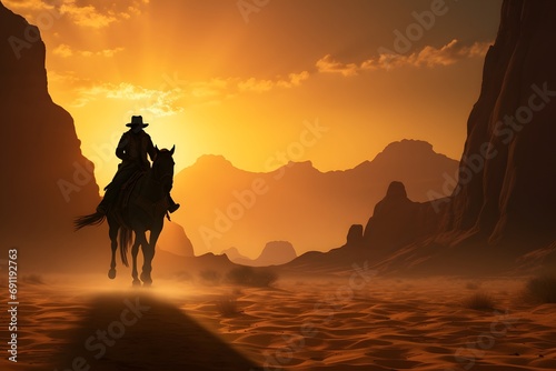 silhouette of a man cowboy riding a horse in the middle of the desert 