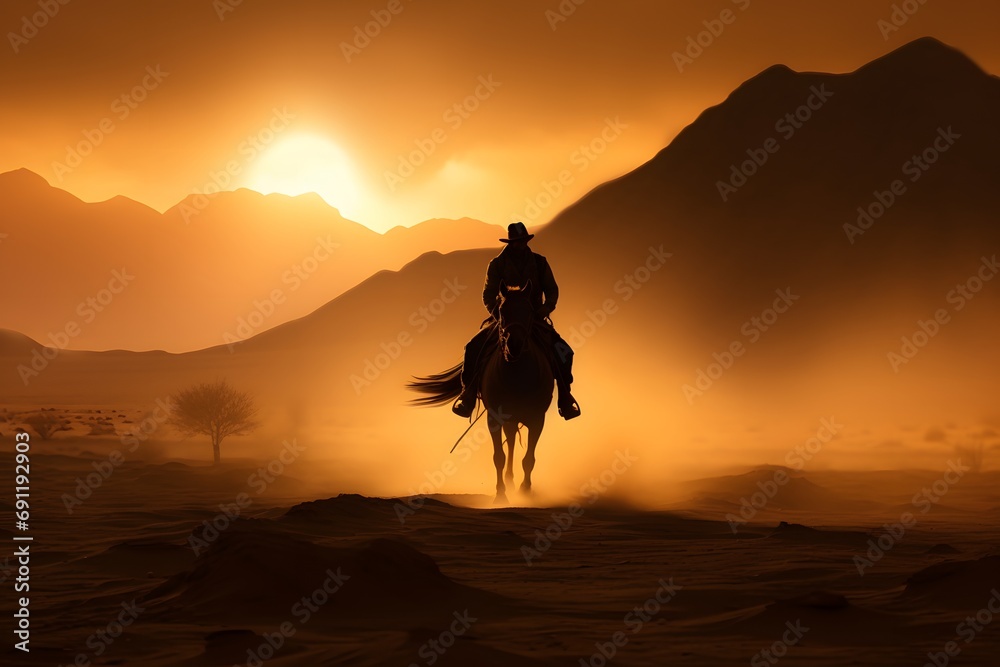 silhouette of a man cowboy riding a horse in the middle of the desert