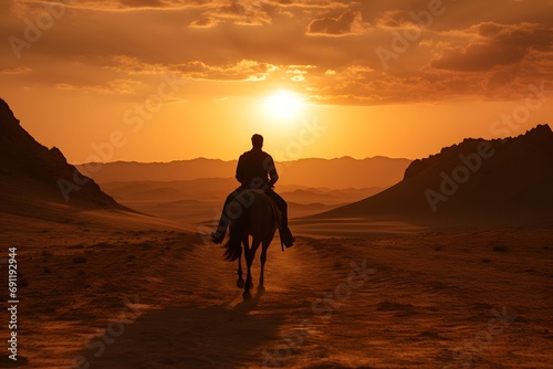 silhouette of a man cowboy riding a horse in the middle of the desert © DailyLifeImages