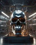 A skull made of metal parts and components is created in the mech lab
