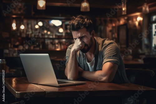 Frustrated Man with Laptop in Cafe
