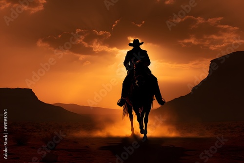 silhouette of a man cowboy riding a horse in the middle of the desert