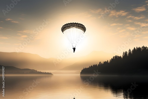a man parachuting paragliding skydiving in the air over a calm lake