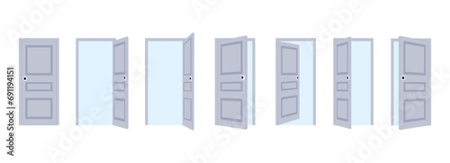Open and close flat doors. Exit and entrance, outside and inside door in house or building. Various opened closed inputs, isolated vector set