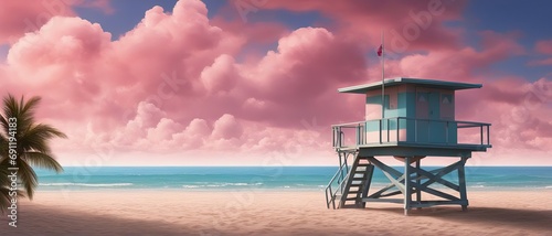 Pink lifeguard station and pink clouds over the sea © Mikalai