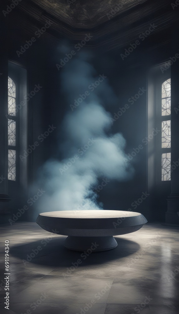 A table in a dark room with smoke coming from the windows.