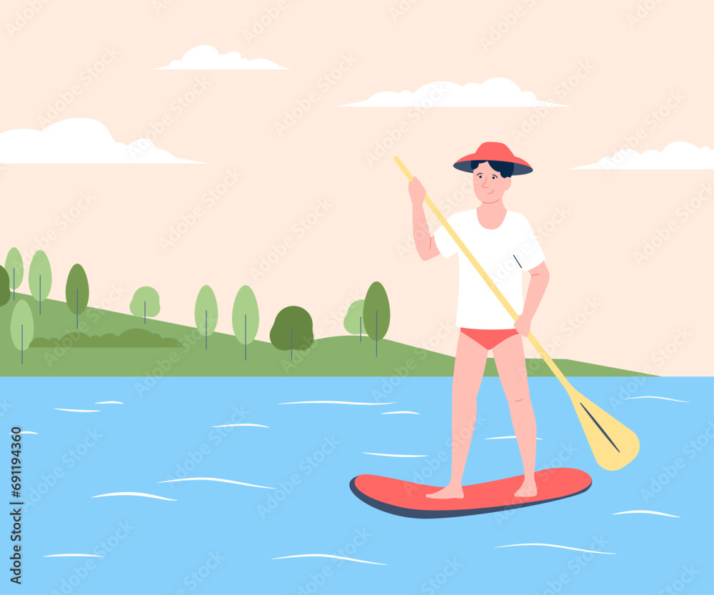 Sup board driving. Summer sea lake or river activity. Man with paddle training on water board. Sport and wild recreation, recent vector nature scene