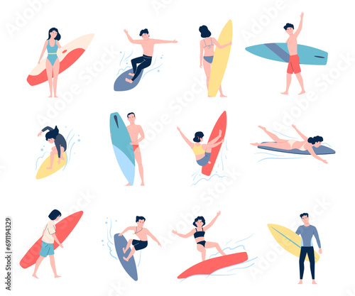 Surfers characters swimming on boards. Summer water recreation on beach. Seasonal rest, professional surfer training, flat recent vector people