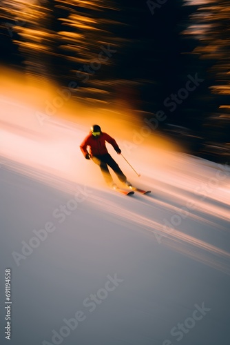 a skier sports athlete skiing on snow in winters with motion blur