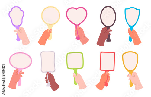 Female holding mirrors. Hands with mirror, self love and acceptance. Make up process, looking in tiny mirror. Mental health racy vector metaphor