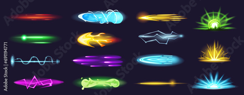 Cartoon gun shooting effects. Plasma explosion and laser rays, bright electric lightning and neon flames. Game shoot effect nowaday vector set