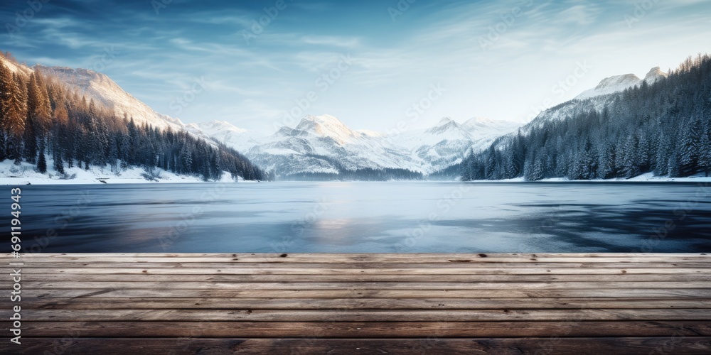 winter mountain landscape with a lake on the background of a wooden table, copy space. Generative AI winter mountain landscape with a lake on the background of a wooden table, copy space. Generative AI