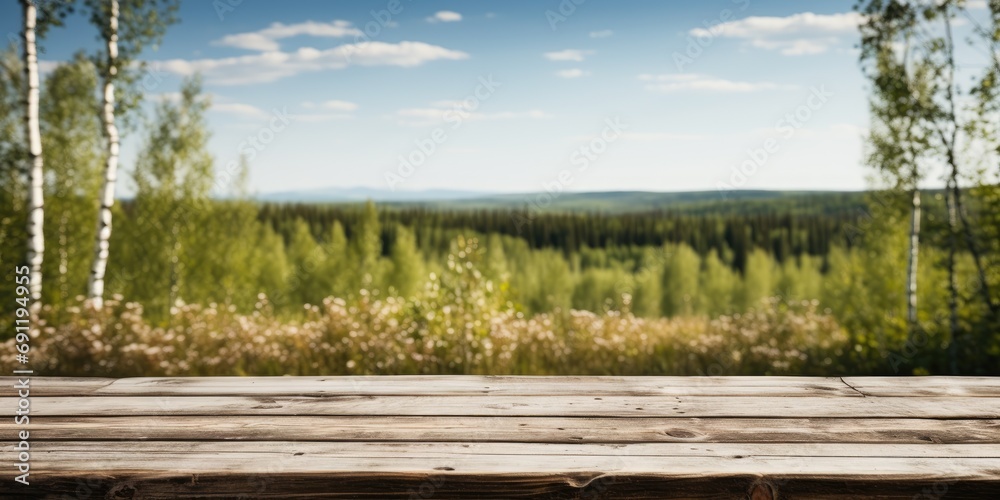Wooden table with copy space against a background of beautiful birch trees. Generative AI Wooden table with copy space against a background of beautiful birch trees. Generative AI