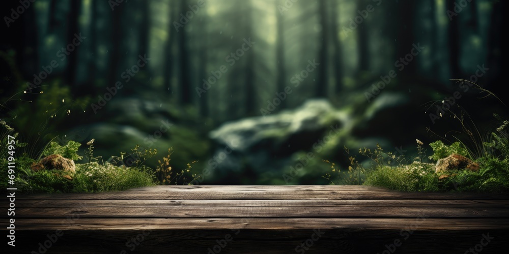 Empty rustic old wooden table with dream forest in the background  - obrazy, fototapety, plakaty 