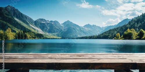 Empty wooden table against the backdrop of a summer mountain lake, copy space. Generative AI
