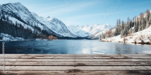 winter mountain landscape with a lake on the background of a wooden table  copy space. Generative AI