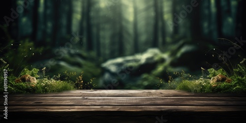 Empty rustic old wooden table with dream forest in the background 