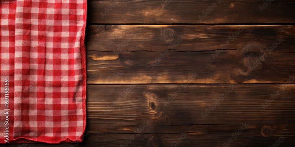 Red checkered napkin on a wooden table for background. Fabric texture.top view, space for text. Red checkered napkin on a wooden table for background. Fabric texture.top view, space for text.