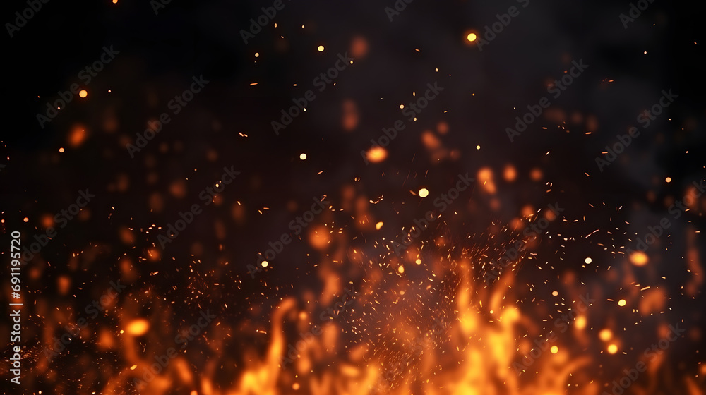 Fire embers particles over black background. Fire sparks background. Abstract dark glitter fire particles lights.