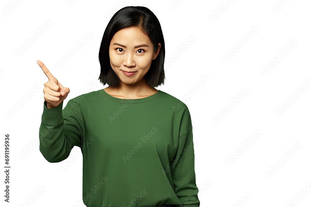 Close up of a chinese woman pointing with his finger Close up of a chinese woman pointing with his finger