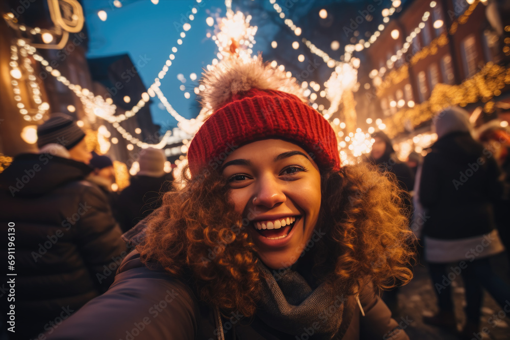 Joyful Woman Enjoying Christmas Market Festivities Joyful Woman Enjoying Christmas Market Festivities