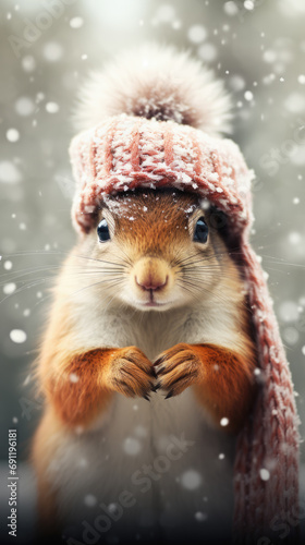Squirrel in Winter warm hat and scarf