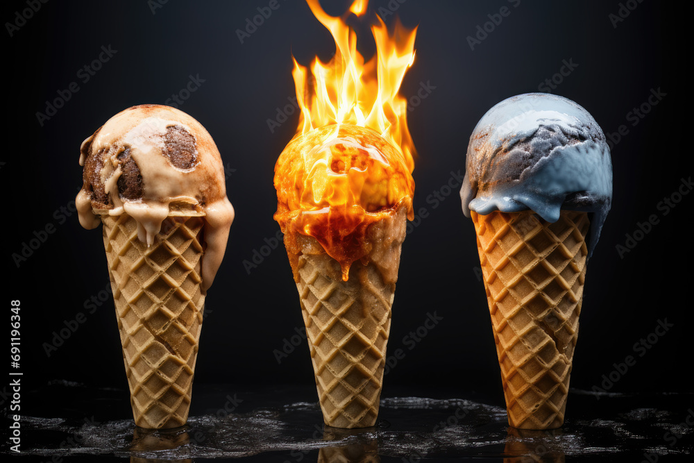 Flaming Ice Cream Cones on Dark Background