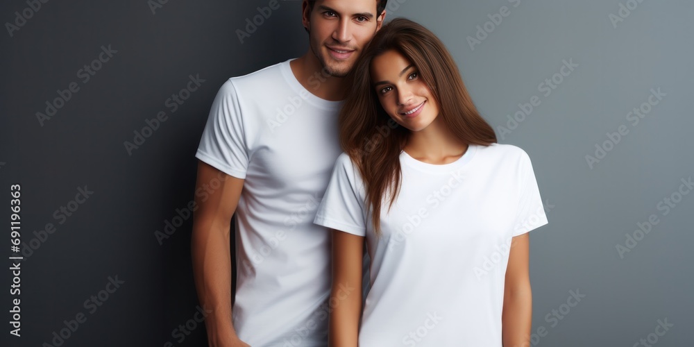 couple in white t shirt on gray background, generative AI couple in white t shirt on gray background, generative AI