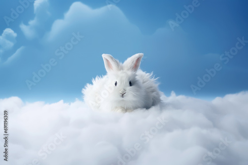 Fluffy White Rabbit in Clouds Fantasy Scene © Jannissimo