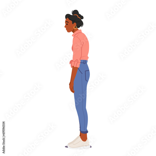 Female Character Awkwardly Slouched With Hunched Shoulders, The Figure Exhibits A Wrong Standing Body Posture
