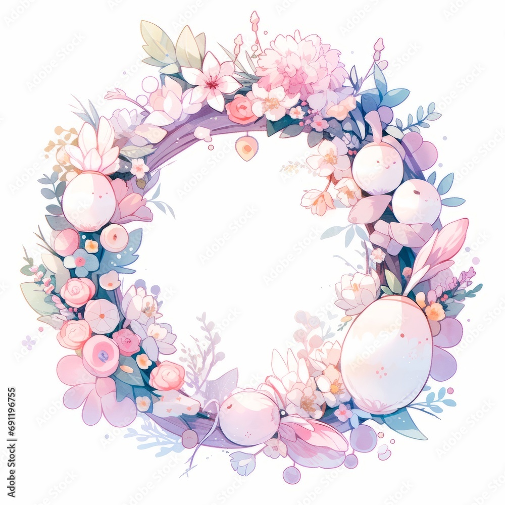 Easter wreath in pastel colors in watercolor style on a white isolated background