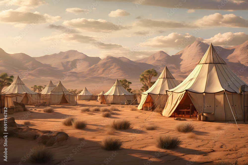 camping tents in the middle of the desert with the mountains at back