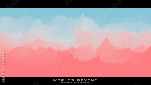 Abstract colorful landscape with misty fog till horizon over mountain slopes. Gradient eroded terrain surface. Worlds beyond. photo
