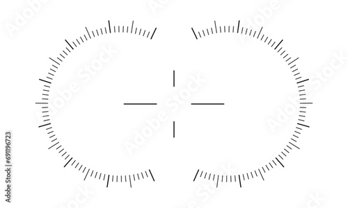 Viewfinder scale of binocular, periscope, military optic, sniper weapon with circle charts and crosshair aim sign. POV digital screen design isolated on white background. Vector graphic illustration