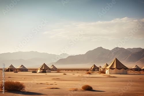 camping tents in the middle of the desert with the mountains at back