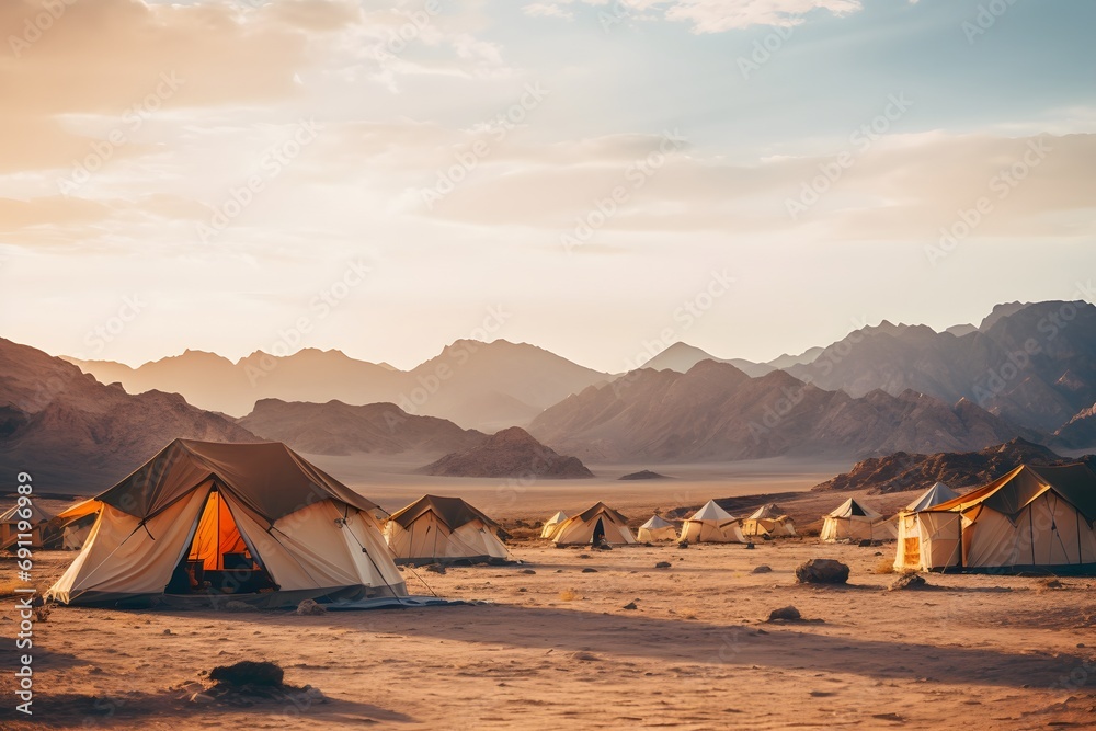 camping tents in the middle of the desert with the mountains at back