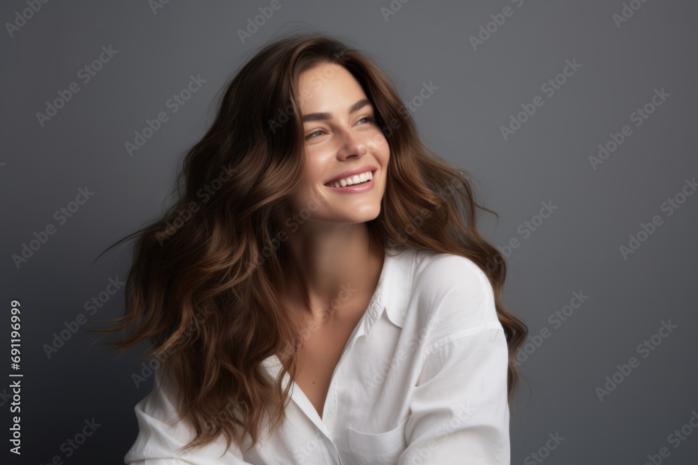 Portrait of a smiling young woman in white shirt on grey background Portrait of a smiling young woman in white shirt on grey background