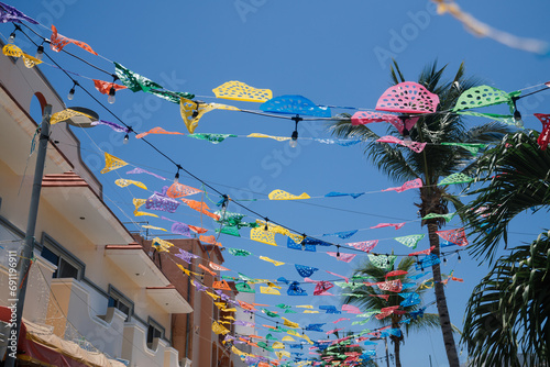 Festive Picado Banners Hung Up For Cinco De Mayo in Cancun, Mexico