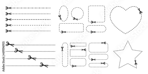 Set of cut here signs for coupons, vouchers, sale pages, packaging. Scissors icons with dotted lines and frames as square, circle, rectangle, star, heart on white background. Vector illustration