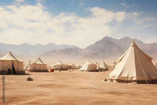 camping tents in the middle of the desert with the mountains at back